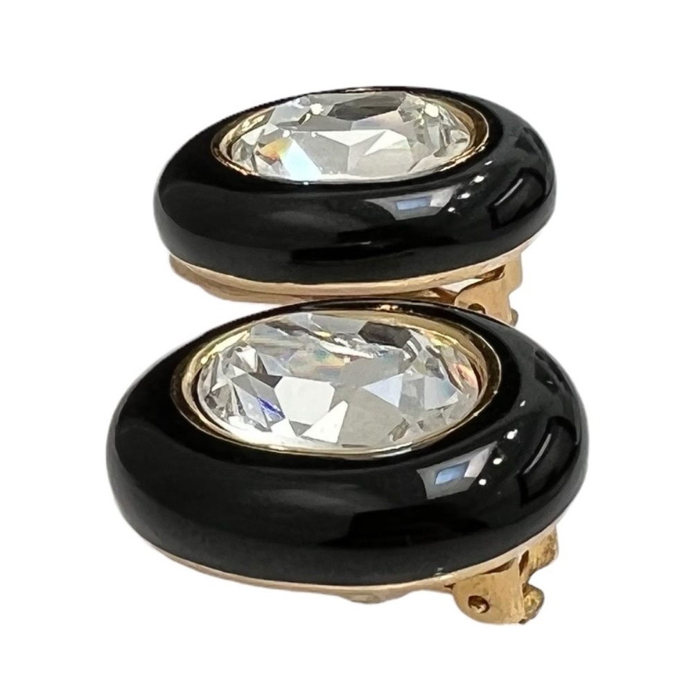 CHRISTIAN DIOR BLACK ENAMEL & FACETED CRYSTAL OVAL CLIP ON EARRINGS - Picture 10 of 16
